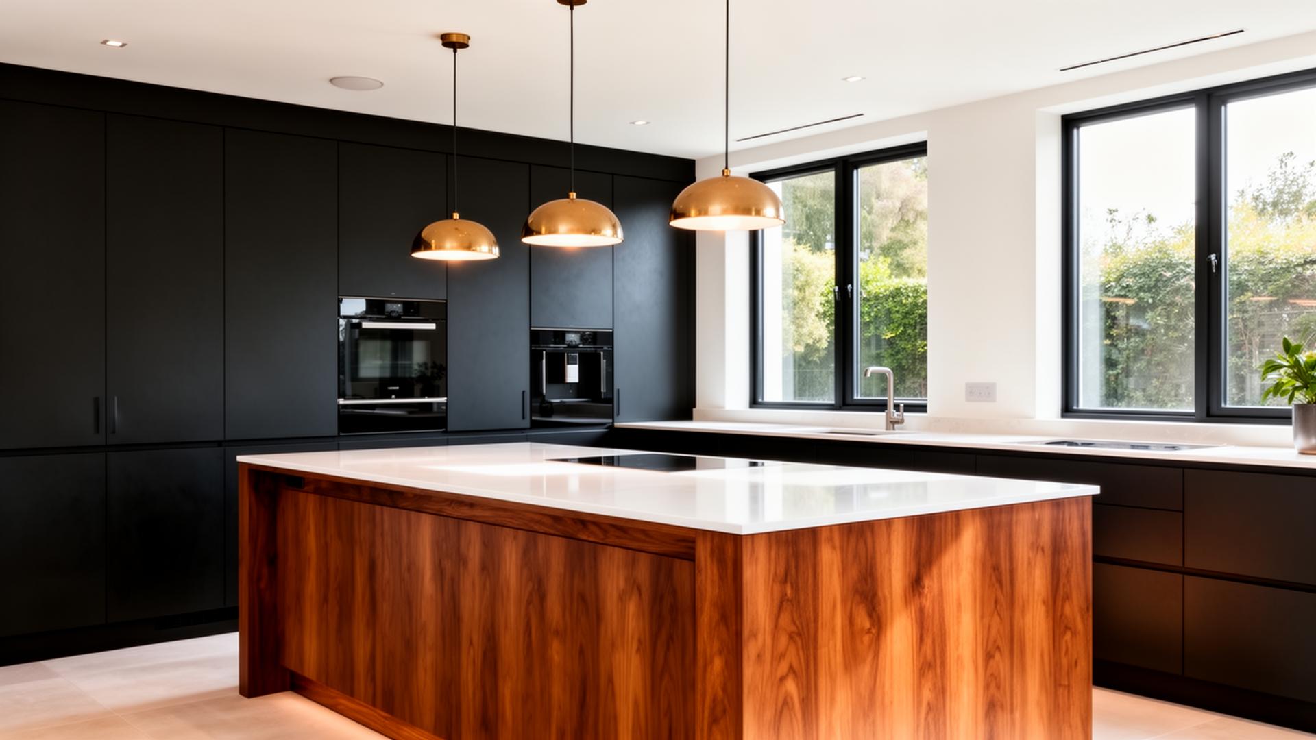 Modern kitchen with walnut island and matte black cabinetry
